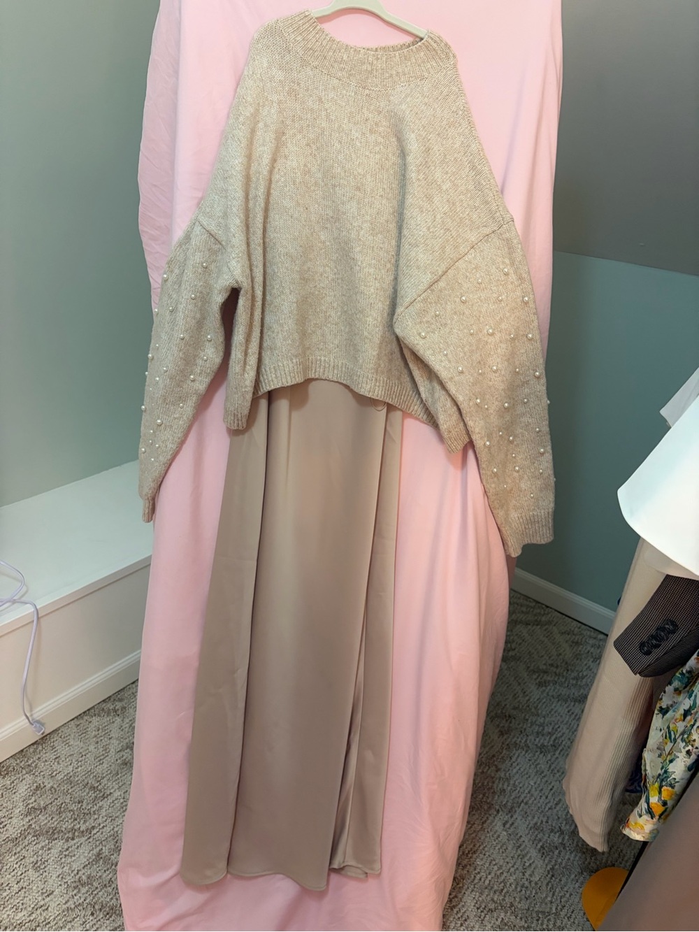 Beige Satin Maxi dress with Sweater Combo size XL